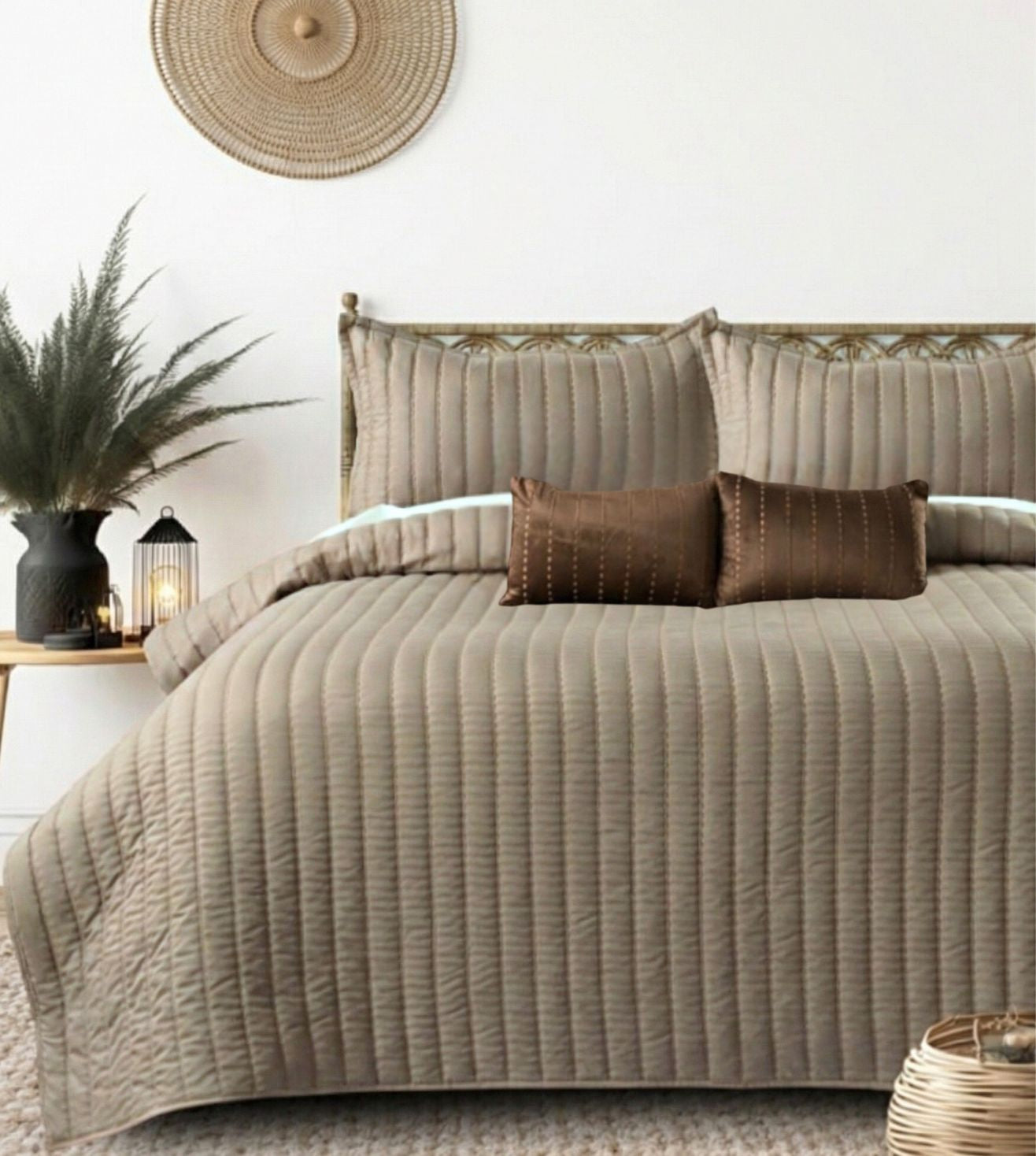 Luna 5-Piece Quilted & Embroidered Bedcover Ensemble - Sand