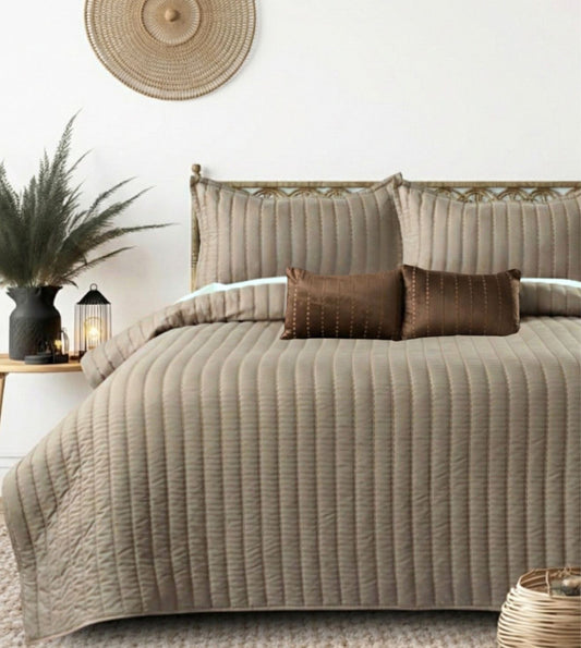 Luna 5-Piece Quilted & Embroidered Bedcover Ensemble - Sand