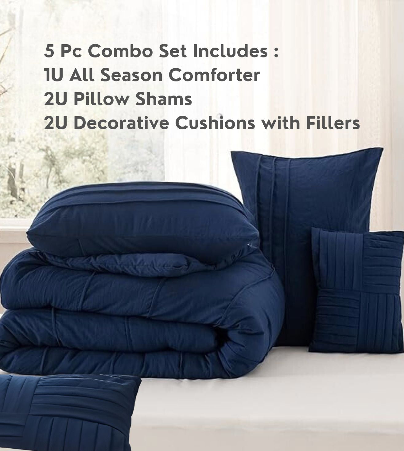 Elysium 5-Piece Hand-Pleated Comforter Ensemble (400Tc Satin) - Navy Blue