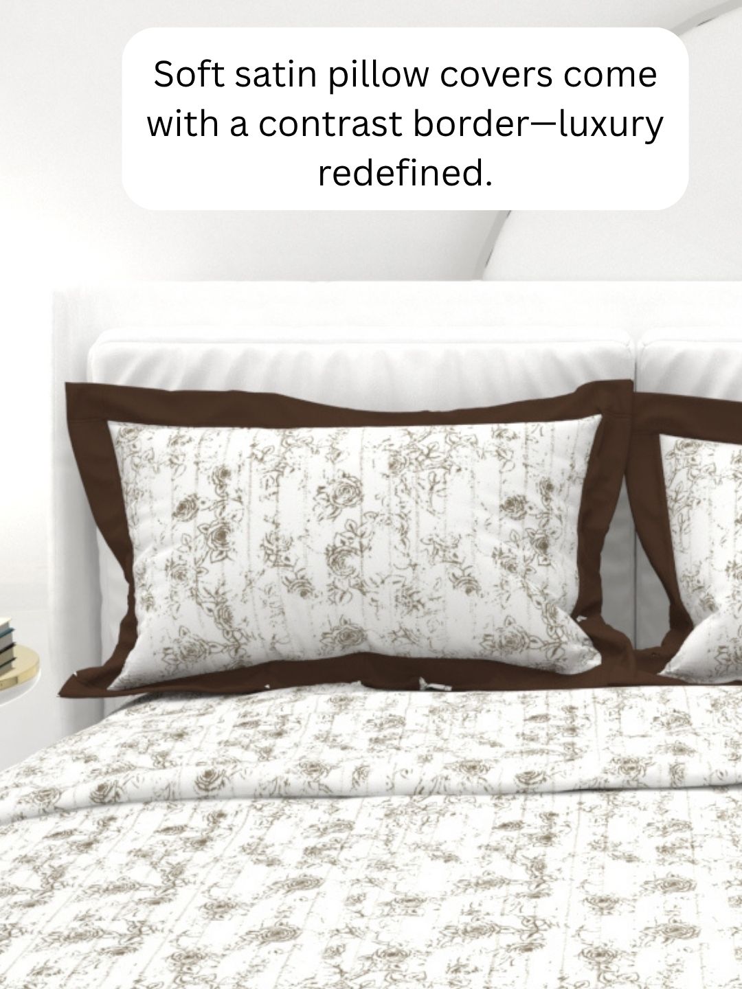 Carnation King Size Bedsheet Set with Contrast Border - White  & Brown