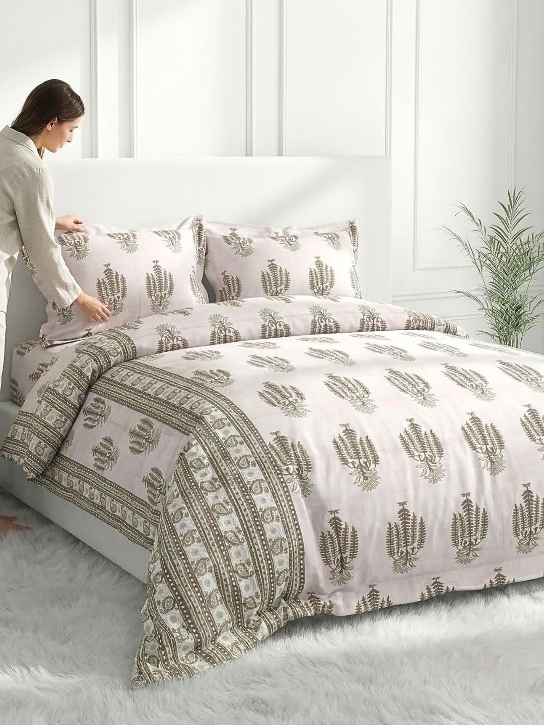 Pure Cotton King Size Bedsheet Set with 2 Pillow Covers - Clay Rose