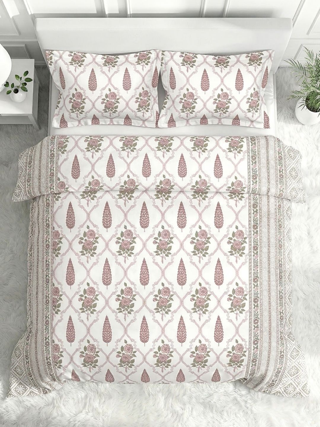 Pure Cotton King Size Bedsheet Set with 2 Pillow Covers - Ash Rose