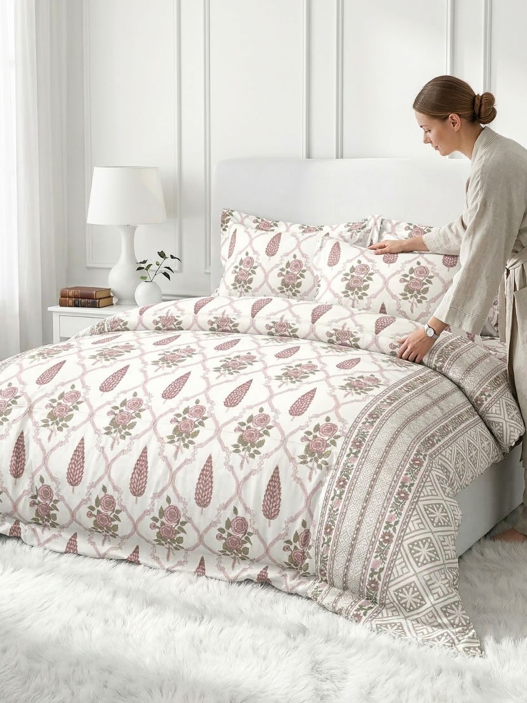 Pure Cotton King Size Bedsheet Set with 2 Pillow Covers - Ash Rose