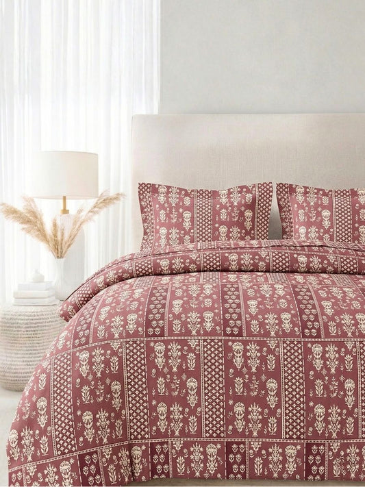 Blended Cotton Double Size Bedsheet with 2 Pillow Covers - Mughal Stripe Motif