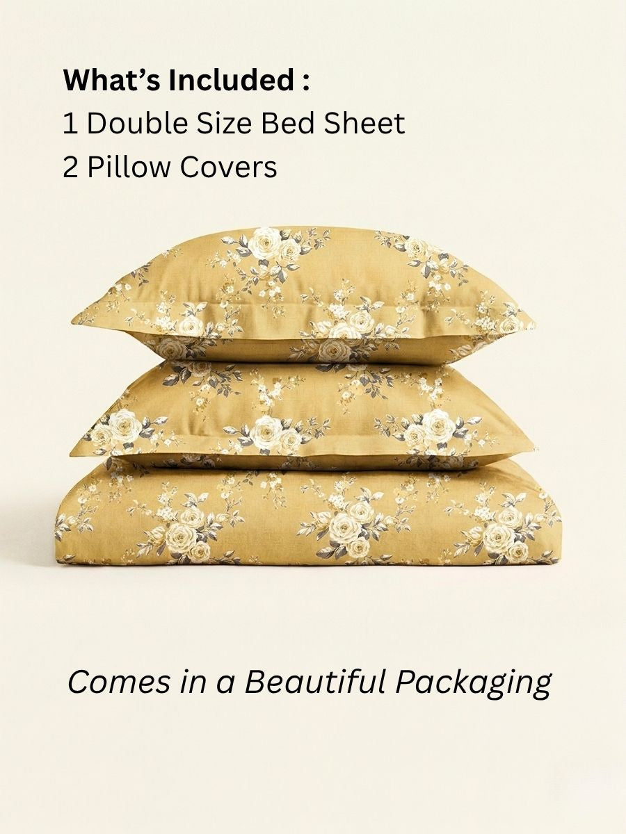 Blended Cotton Double Size Bedsheet with 2 Pillow Covers - Sunshine Garden