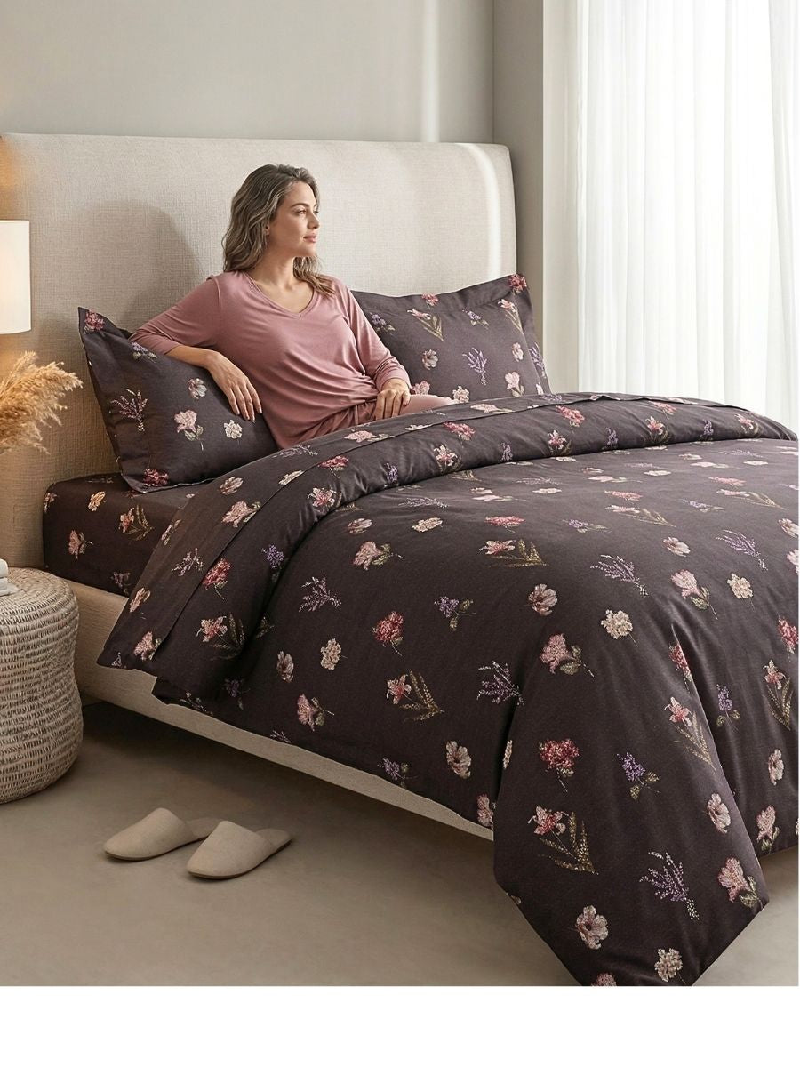Blended Cotton Double Size Bedsheet with 2 Pillow Covers - Truffle Blossom