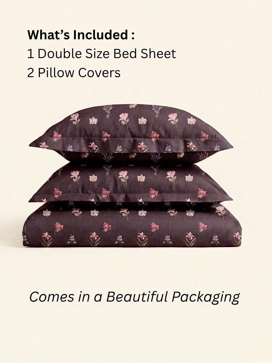 Blended Cotton Double Size Bedsheet with 2 Pillow Covers - Truffle Blossom