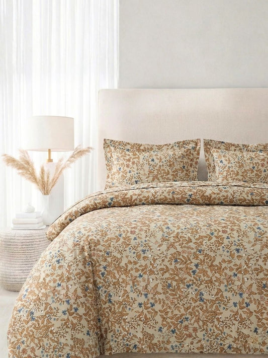 Blended Cotton Double Size Bedsheet with 2 Pillow Covers - Sand Woven Botanical