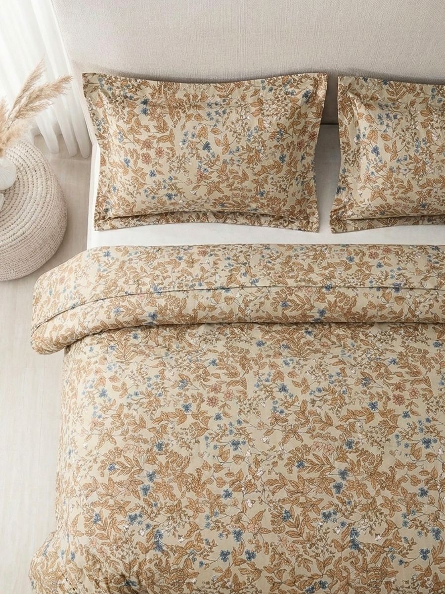 Blended Cotton Double Size Bedsheet with 2 Pillow Covers - Sand Woven Botanical