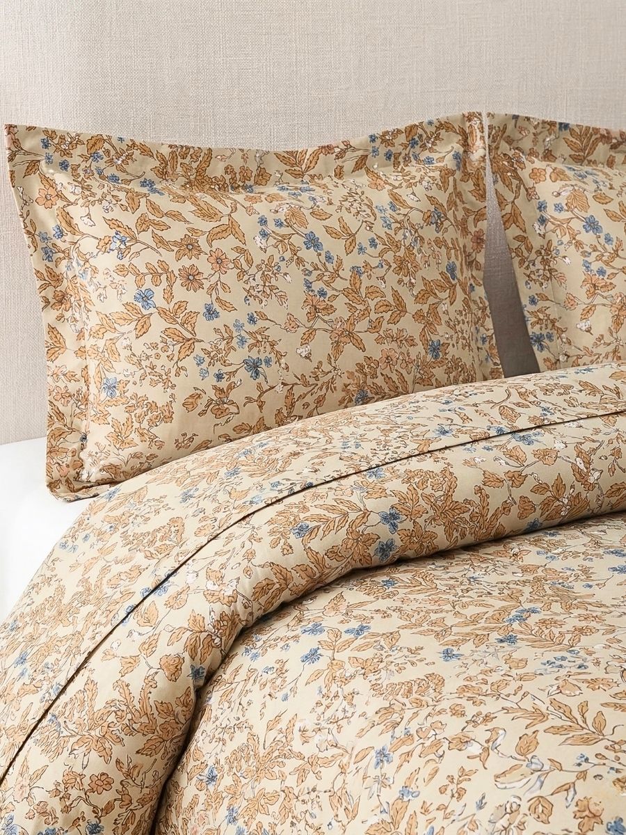 Blended Cotton Double Size Bedsheet with 2 Pillow Covers - Sand Woven Botanical