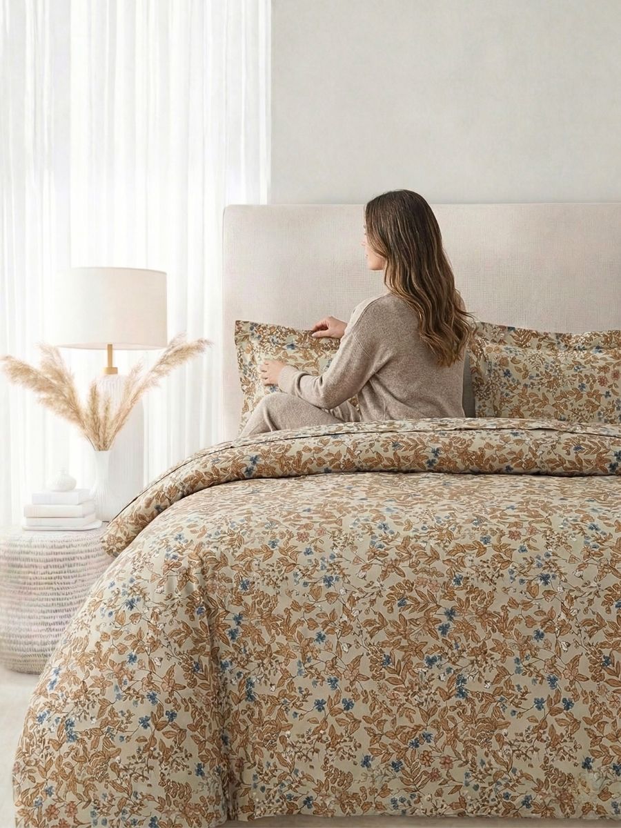 Blended Cotton Double Size Bedsheet with 2 Pillow Covers - Sand Woven Botanical