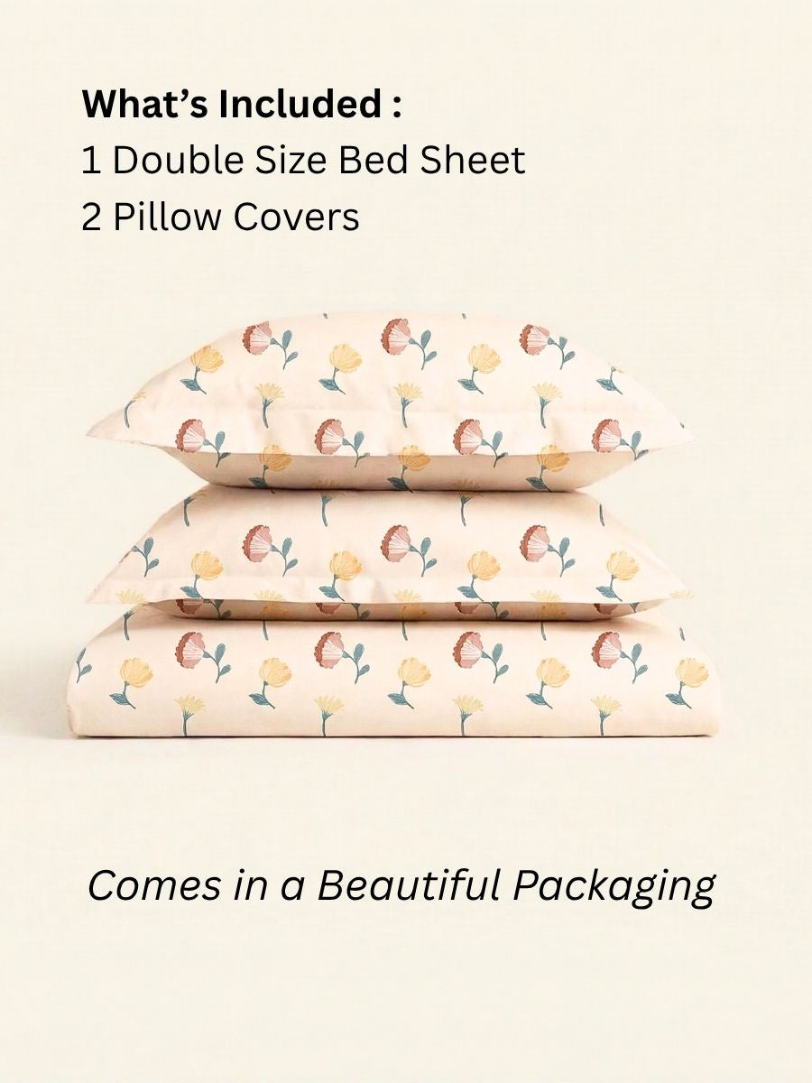 Blended Cotton Double Size Bedsheet with 2 Pillow Covers - Peach Blooms
