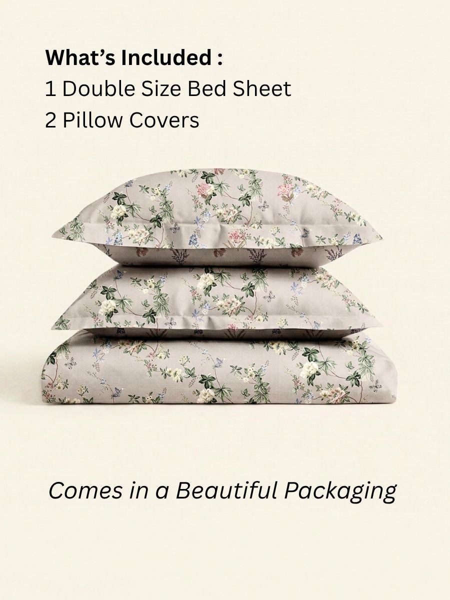 Blended Cotton Double Size Bedsheet with 2 Pillow Covers - Wildflower Vines