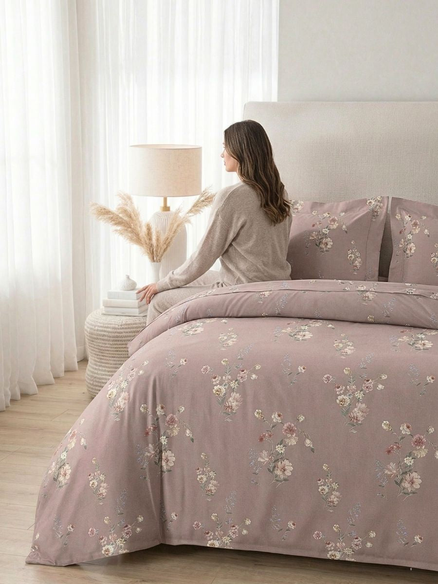 Blended Cotton Double Size Bedsheet with 2 Pillow Covers - Blush Rose Meadow