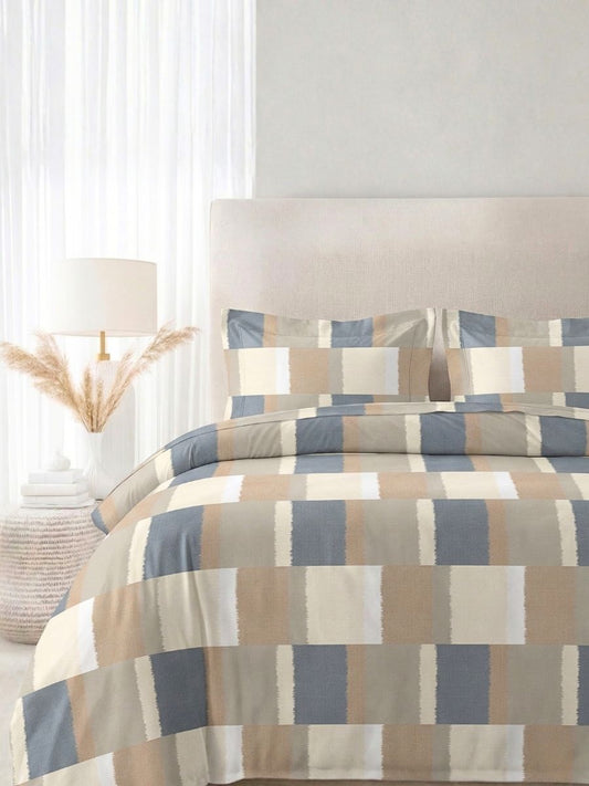Blended Cotton Double Size Bedsheet with 2 Pillow Covers - Dune and Blue Colour-block