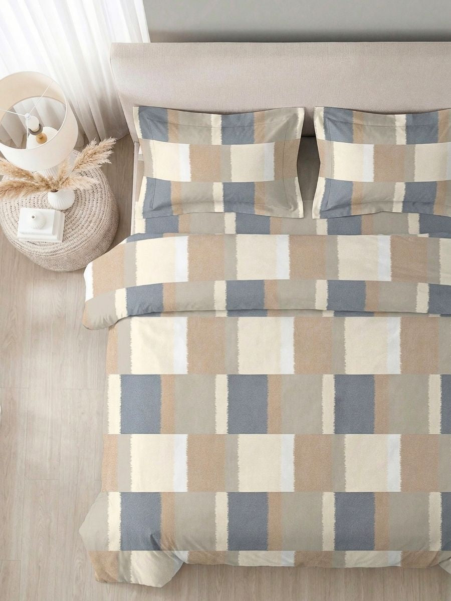 Blended Cotton Double Size Bedsheet with 2 Pillow Covers - Dune and Blue Colour-block