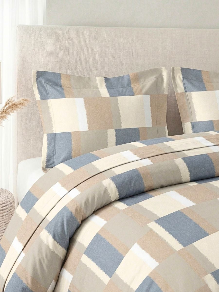 Blended Cotton Double Size Bedsheet with 2 Pillow Covers - Dune and Blue Colour-block