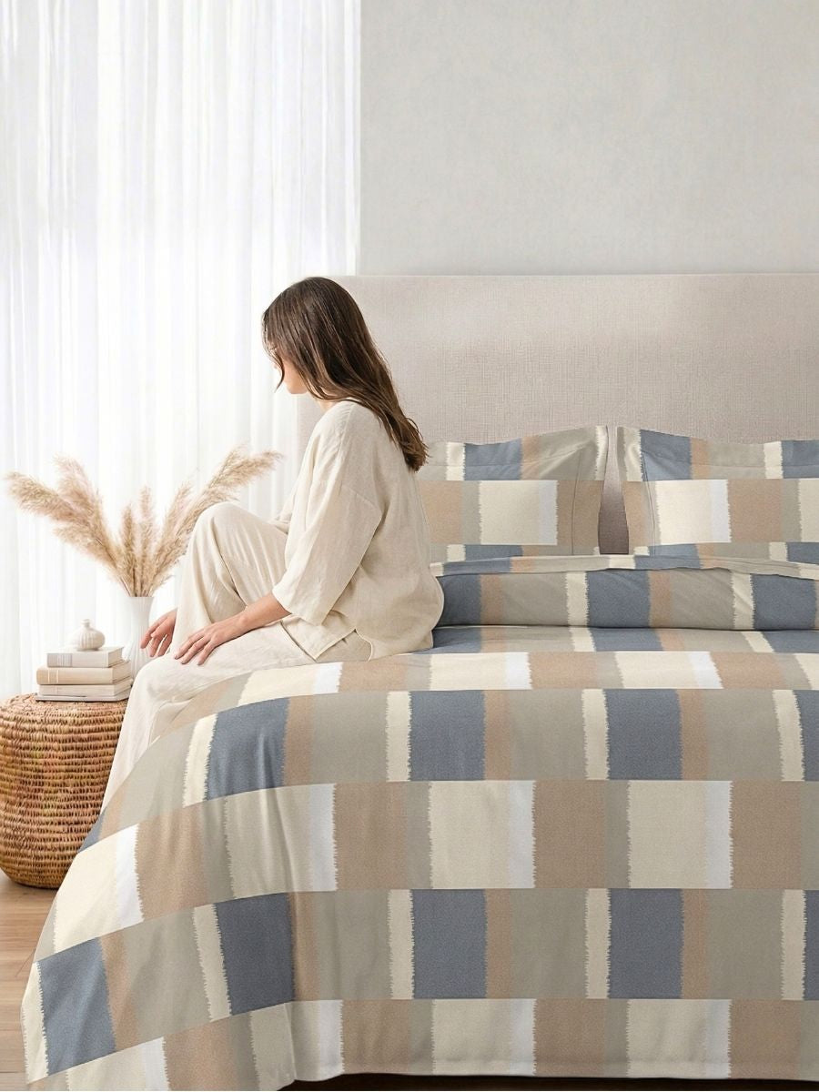 Blended Cotton Double Size Bedsheet with 2 Pillow Covers - Dune and Blue Colour-block