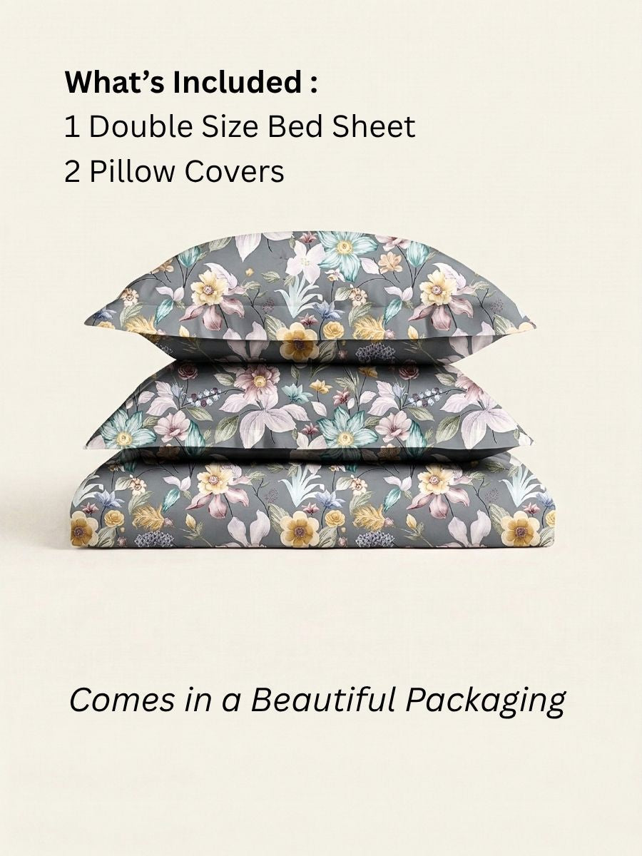 Blended Cotton Double Size Bedsheet with 2 Pillow Covers - Midnight Garden