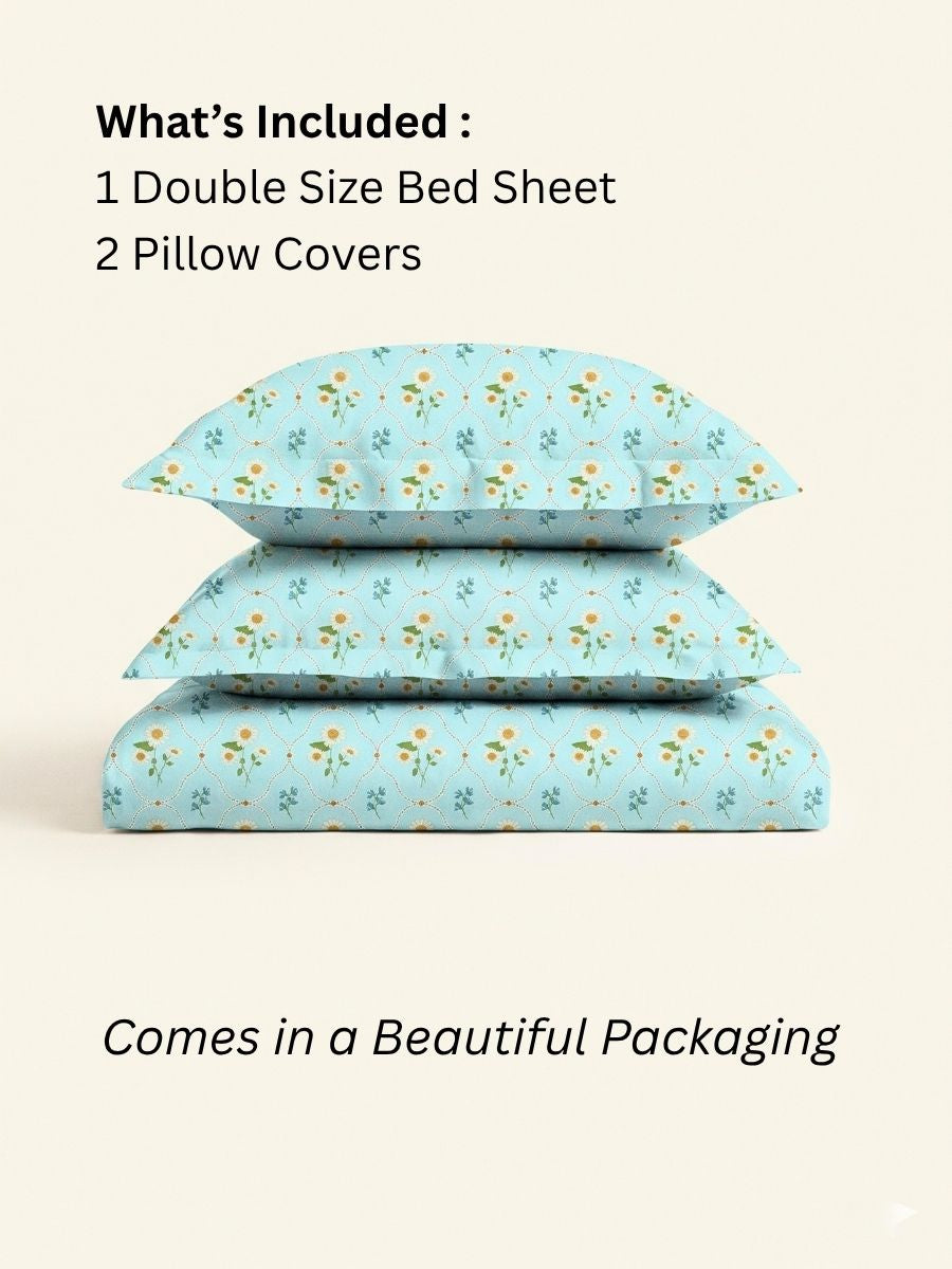 Blended Cotton Double Size Bedsheet with 2 Pillow Covers - Ditsy Daisy