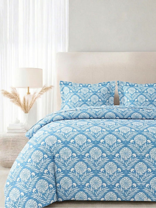 Blended Cotton Double Size Bedsheet with 2 Pillow Covers - Heritage Marigold Block