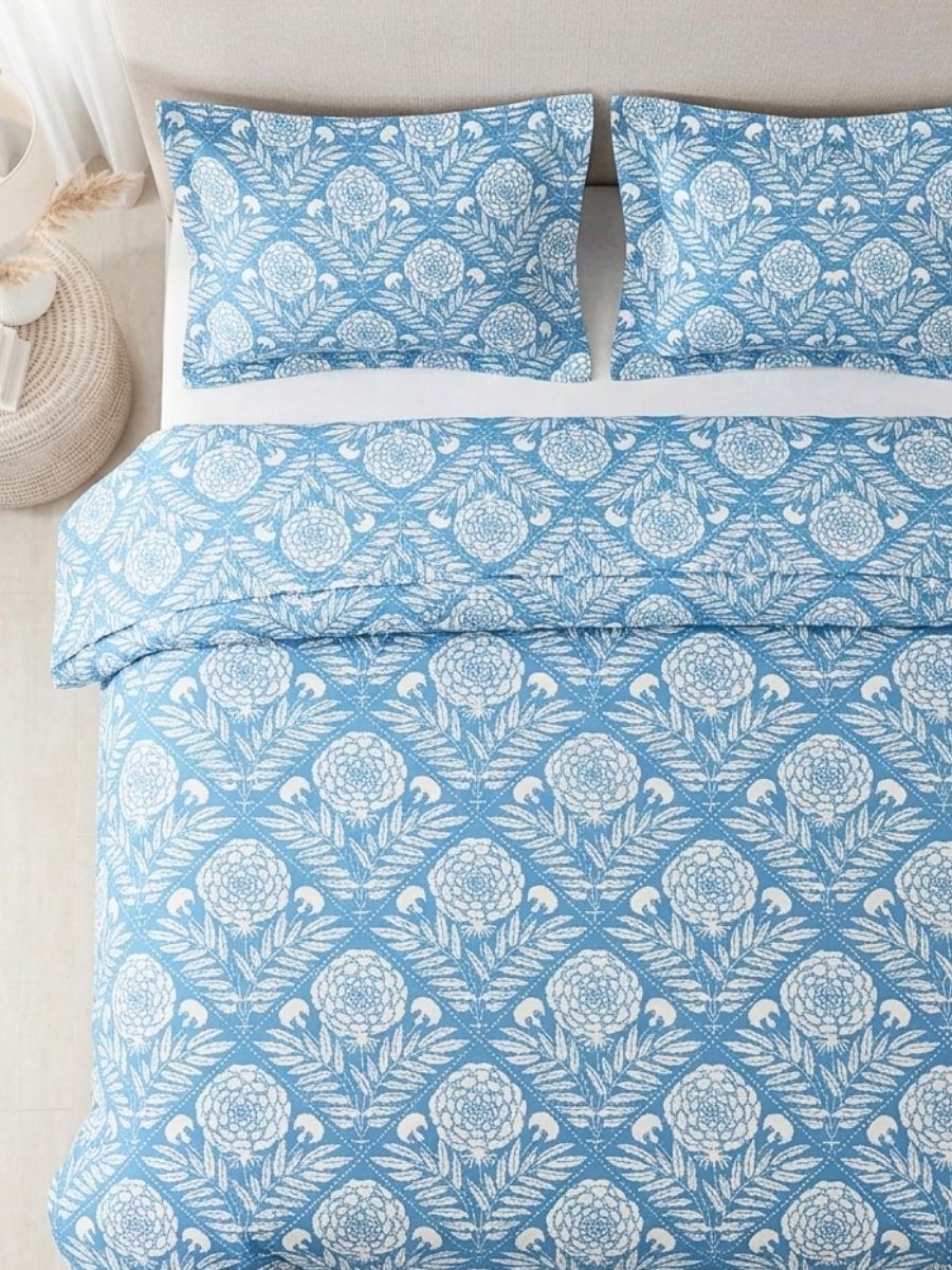 Blended Cotton Double Size Bedsheet with 2 Pillow Covers - Heritage Marigold Block