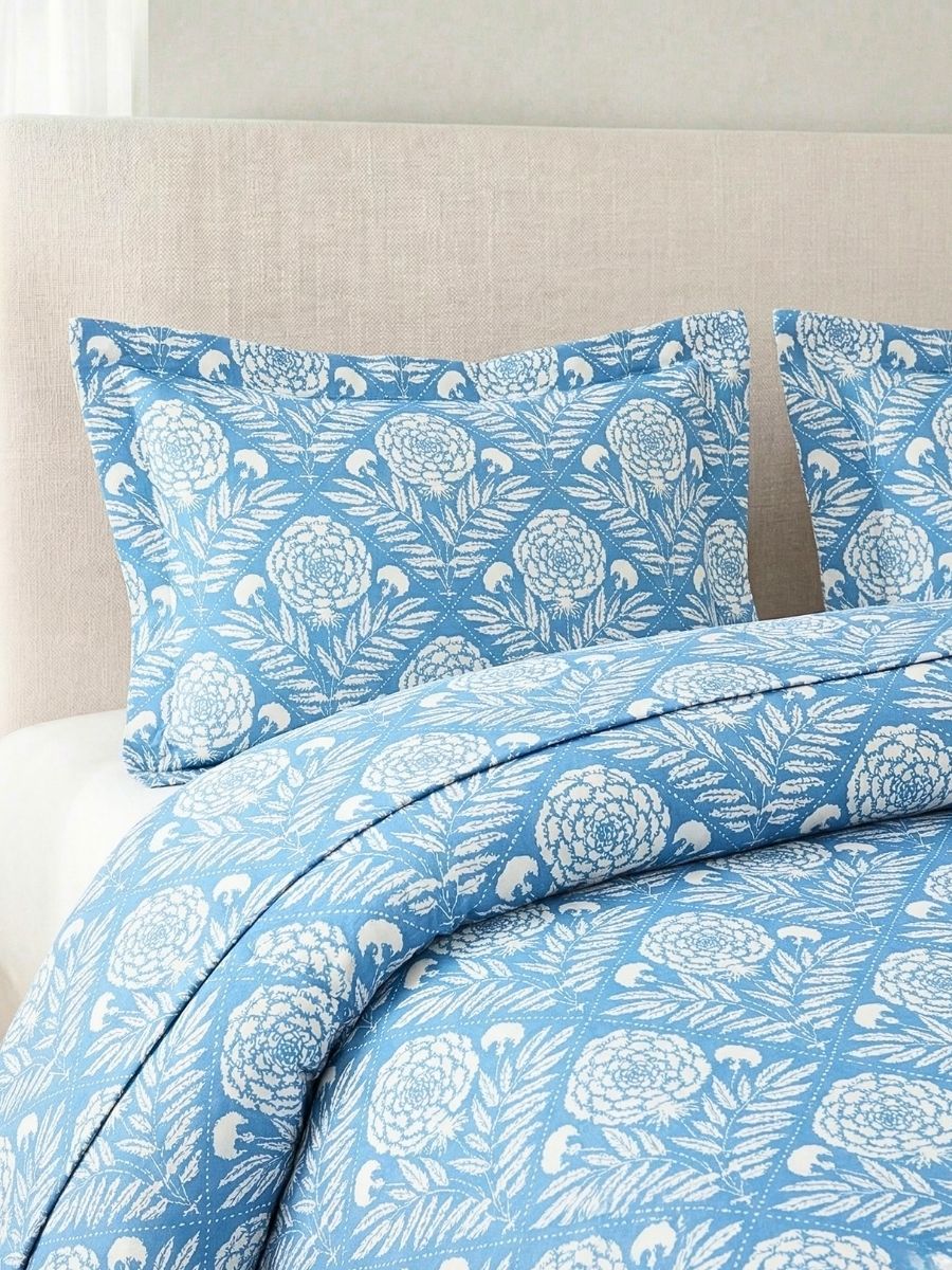 Blended Cotton Double Size Bedsheet with 2 Pillow Covers - Heritage Marigold Block