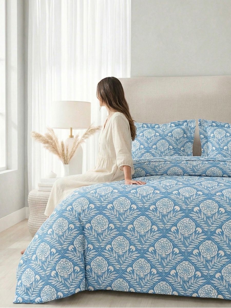 Blended Cotton Double Size Bedsheet with 2 Pillow Covers - Heritage Marigold Block