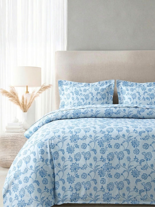 Blended Cotton Double Size Bedsheet with 2 Pillow Covers - Azure Vine Scroll