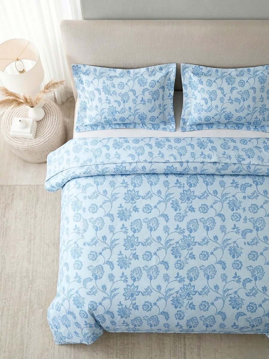 Blended Cotton Double Size Bedsheet with 2 Pillow Covers - Azure Vine Scroll