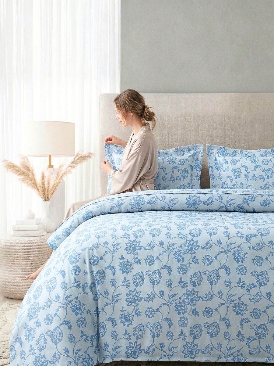 Blended Cotton Double Size Bedsheet with 2 Pillow Covers - Azure Vine Scroll