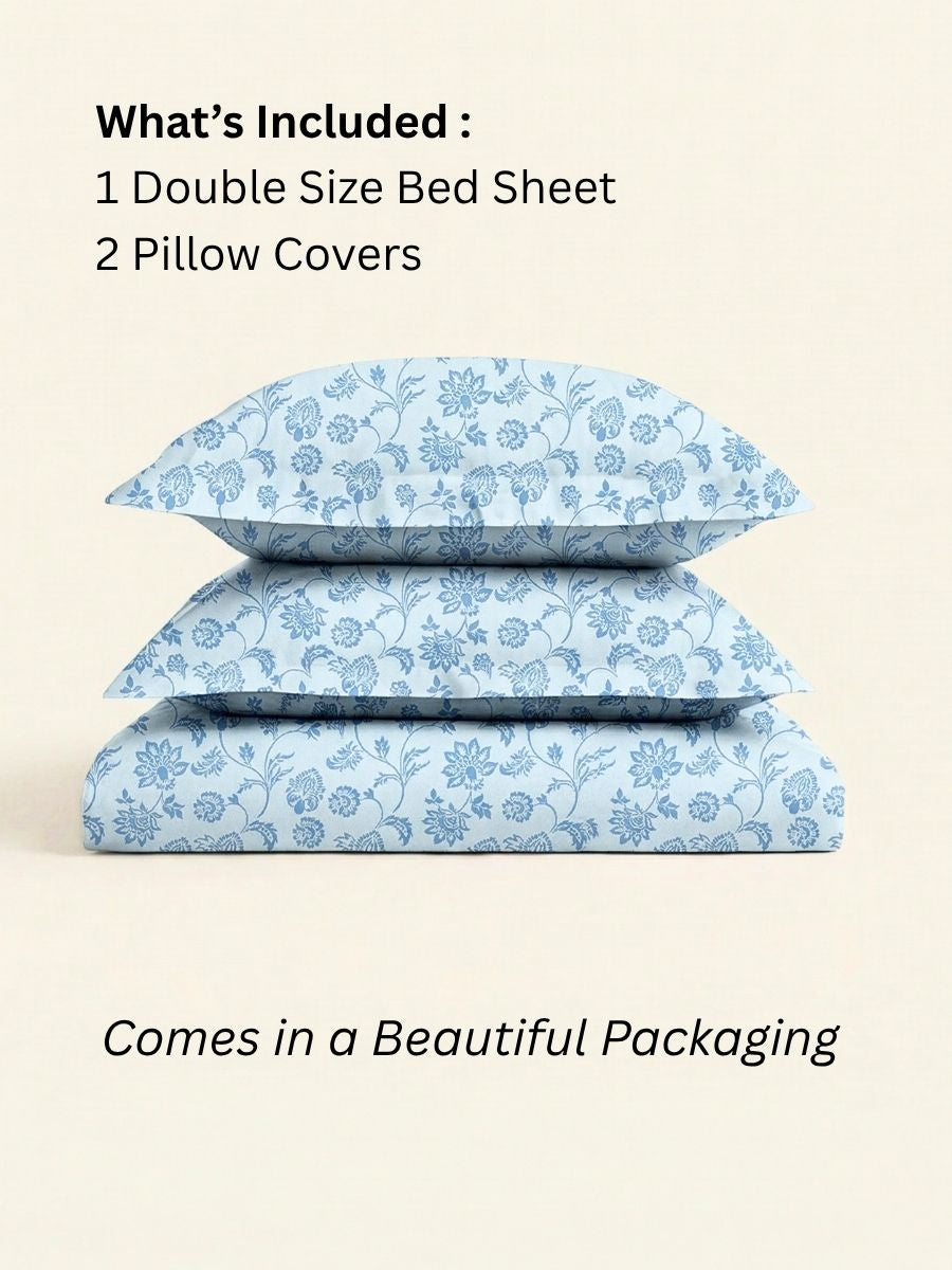 Blended Cotton Double Size Bedsheet with 2 Pillow Covers - Azure Vine Scroll
