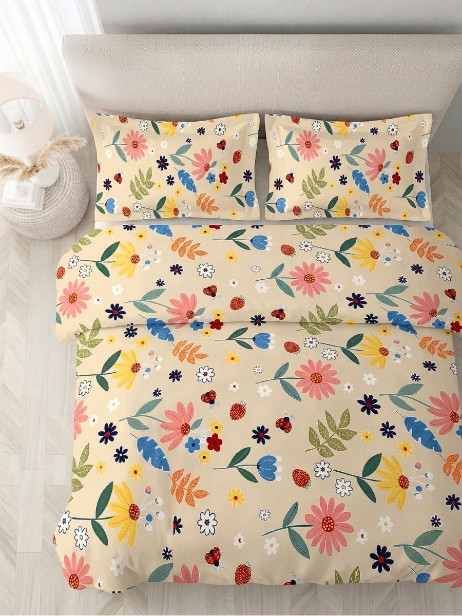 Blended Cotton Double Size Bedsheet with 2 Pillow Covers - Storybook Garden Toss