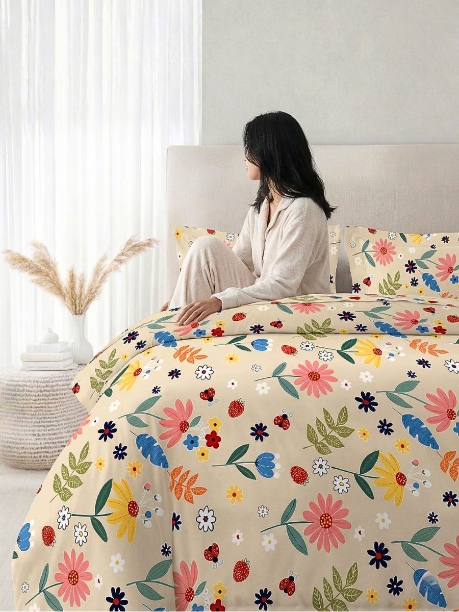 Blended Cotton Double Size Bedsheet with 2 Pillow Covers - Storybook Garden Toss