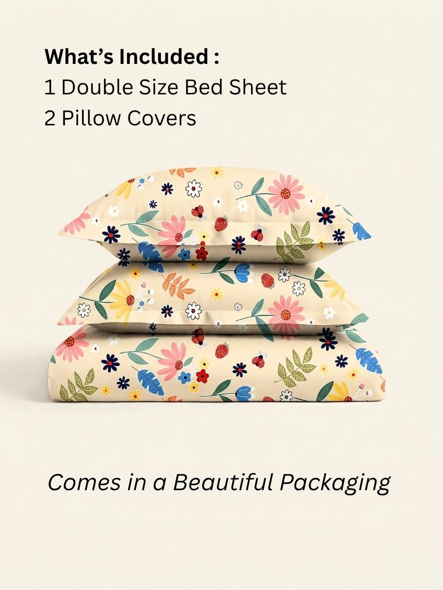 Blended Cotton Double Size Bedsheet with 2 Pillow Covers - Storybook Garden Toss