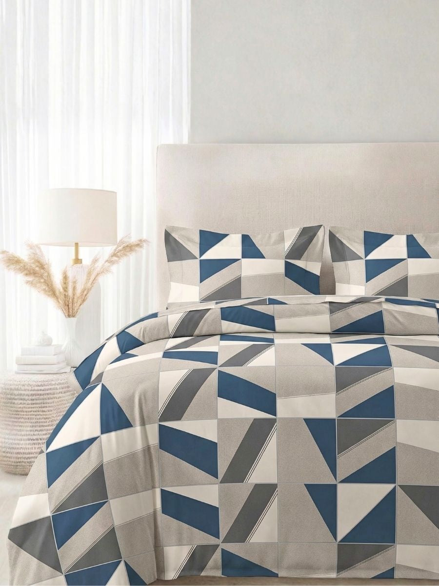 Blended Cotton Double Size Bedsheet with 2 Pillow Covers - Geometric Grid